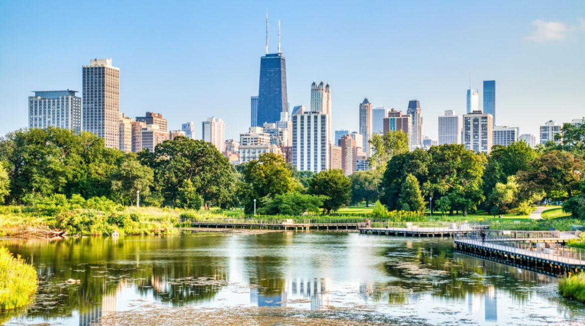 Small pond in a park with a Chicago city skyline in the background