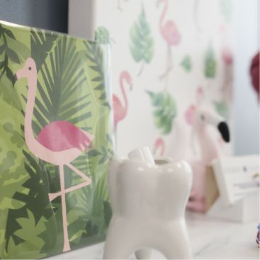 Flamingo themed artwork in a dental treatment room